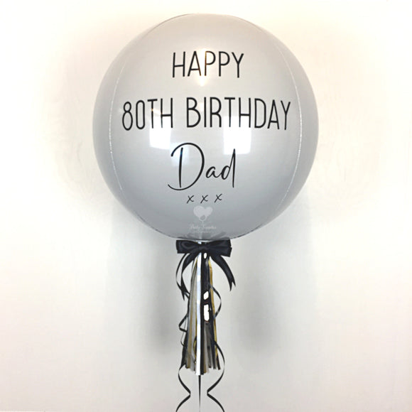 COLLECTION ONLY - White Orbz Balloon, Personalised with a Black Message Dressed with Tassel, Bow & Weight