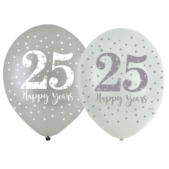6 Latex Balloons 25 Happy Years Silver & White