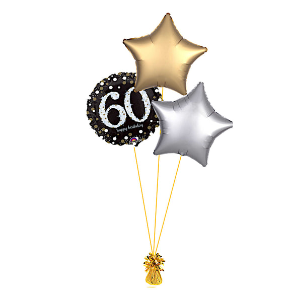 COLLECTION ONLY -  60th Birthday Foil Balloon Bouquet Filled with Helium & Dressed with Ribbon & Weight