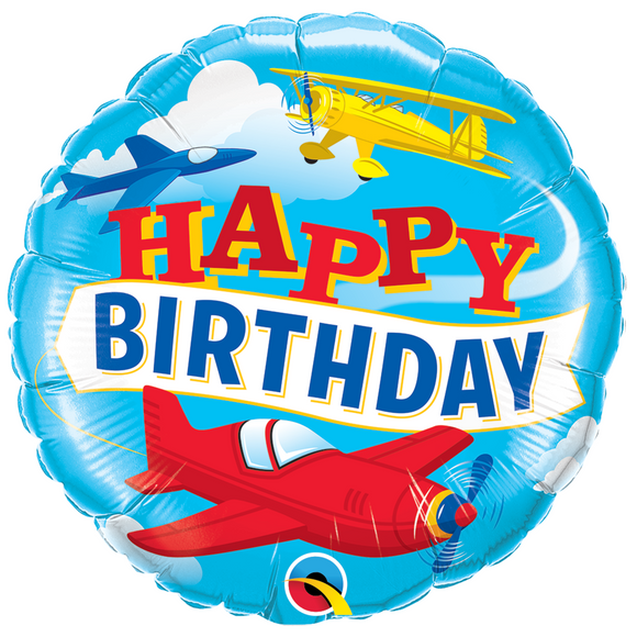 COLLECTION ONLY -  1 Happy Birthday Airplanes Standard Foil Balloon Filled with Helium & Dressed with Ribbon & Weight