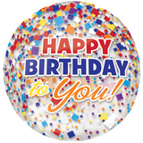 COLLECTION ONLY - 1 Happy Birthday Confetti Orbz Balloon Filled with Helium & Dressed with a Balloon Collar, Ribbon & Weight