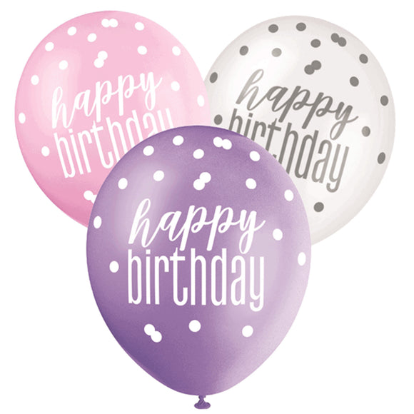 6 Pink Glitz Happy Birthday Latex Balloons