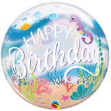 COLLECTION ONLY - 1 Happy Birthday Mermaid Under the Sea Bubble Balloon 22" Filled with Helium & Dressed with a Balloon Collar, Ribbon & Weight