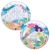 COLLECTION ONLY - 1 Happy Birthday Mermaid Under the Sea Bubble Balloon 22" Filled with Helium & Dressed with a Balloon Collar, Ribbon & Weight