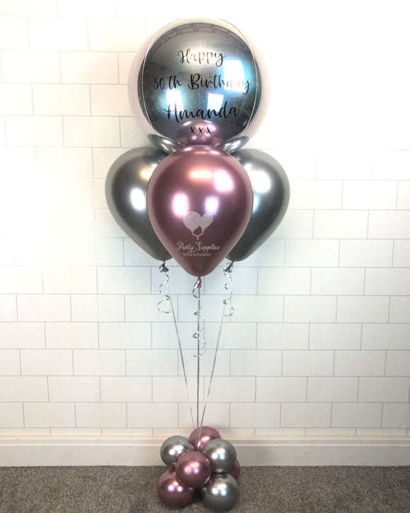 COLLECTION ONLY - Personalised Silver Orbz Balloon, Pink & Silver Balloon Pyramid & Balloon Base