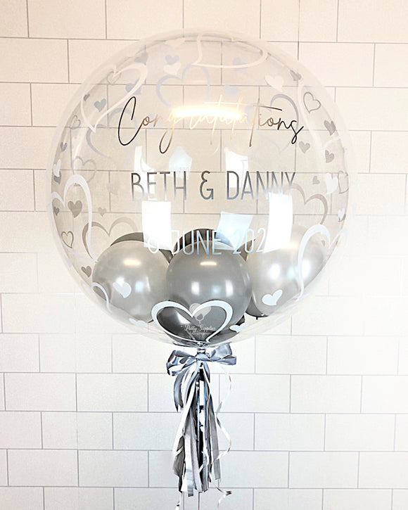 COLLECTION ONLY - Heart Print Bubble Balloon - Grey Silver & White Balloons - Silver Message