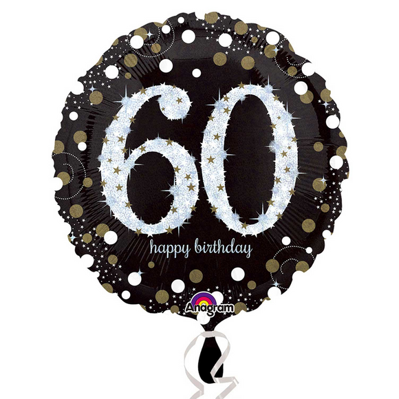 COLLECTION ONLY - 1 Happy Birthday 60th Gold Celebration Standard Foil Balloon Filled with Helium & Dressed with Ribbon & Weight
