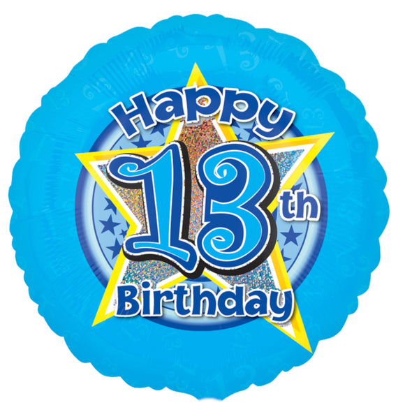 COLLECTION ONLY - 1 Blue Holographic Happy 13th Birthday Standard Foil Filled with Helium & Dressed with Ribbon & Weight
