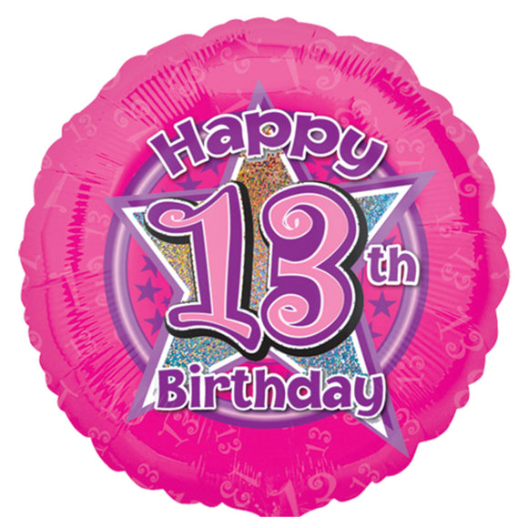 COLLECTION ONLY - 1 Pink Holographic Happy 13th Birthday Standard Foil Filled with Helium & Dressed with Ribbon & Weight