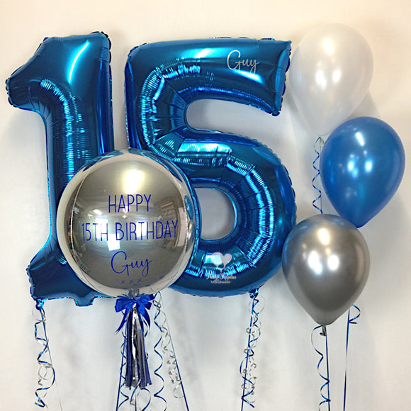 COLLECTION ONLY - Personalised Silver Orbz Balloon, 2 Large Blue Numbers & 1 Cluster of 3 balloons