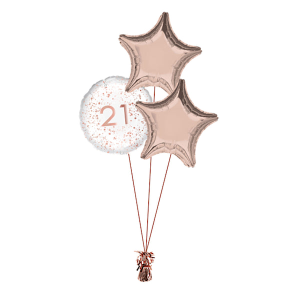COLLECTION ONLY - 21st Birthday Rose Gold Foil Balloon Bouquet Filled with Helium & Dressed with Ribbon & Weight