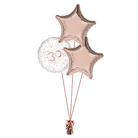 COLLECTION ONLY - 30th Birthday Rose Gold Foil Balloon Bouquet Filled with Helium & Dressed with Ribbon & Weight