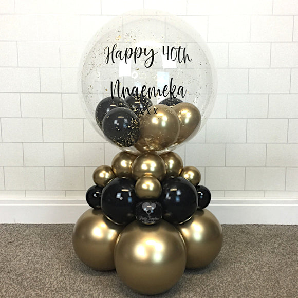 COLLECTION ONLY - 3 Tier Globe Black & Gold Balloons & Gold Leaf, Gold Message