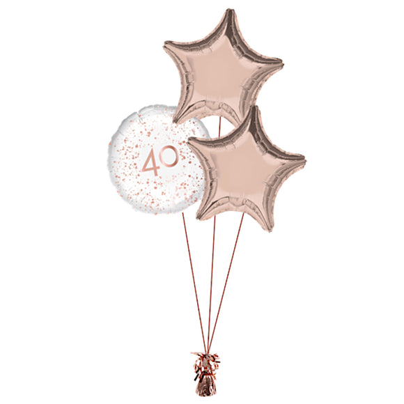 COLLECTION ONLY - 40th Birthday Rose Gold Foil Balloon Bouquet Filled with Helium & Dressed with Ribbon & Weight