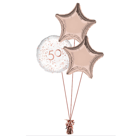 COLLECTION ONLY - 50th Birthday Rose Gold Foil Balloon Bouquet Filled with Helium & Dressed with Ribbon & Weight