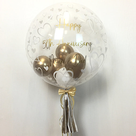 COLLECTION ONLY - Heart Print Bubble Balloon - Gold & White Balloons - Gold Message