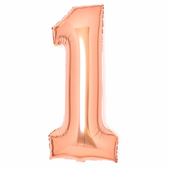 COLLECTION ONLY - Amscan Large Rose Gold Number 1 Super Shape Foil Balloon Filled with Helium & Dressed with Ribbon & Weight