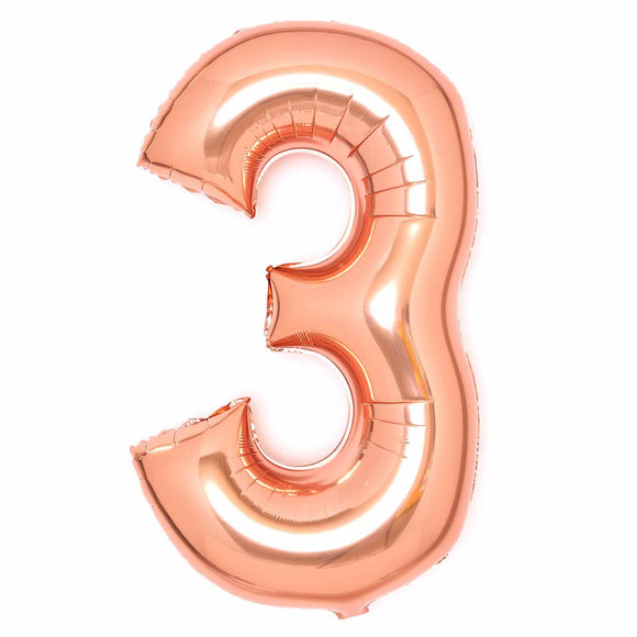 COLLECTION ONLY - Amscan Large Rose Gold Number 3 Super Shape Foil Balloon Filled with Helium & Dressed with Ribbon & Weight