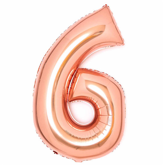 COLLECTION ONLY - Amscan Large Rose Gold Number 6 Super Shape Foil Balloon Filled with Helium & Dressed with Ribbon & Weight