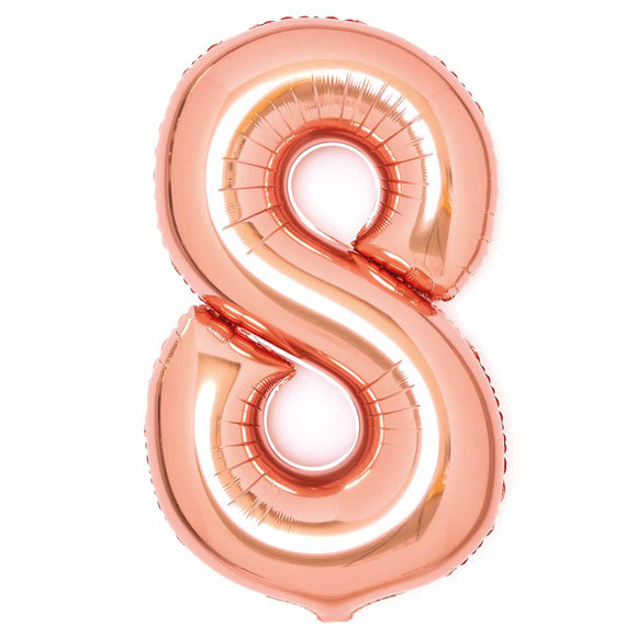 COLLECTION ONLY - Amscan Large Rose Gold Number 8 Super Shape Foil Balloon Filled with Helium & Dressed with Ribbon & Weight