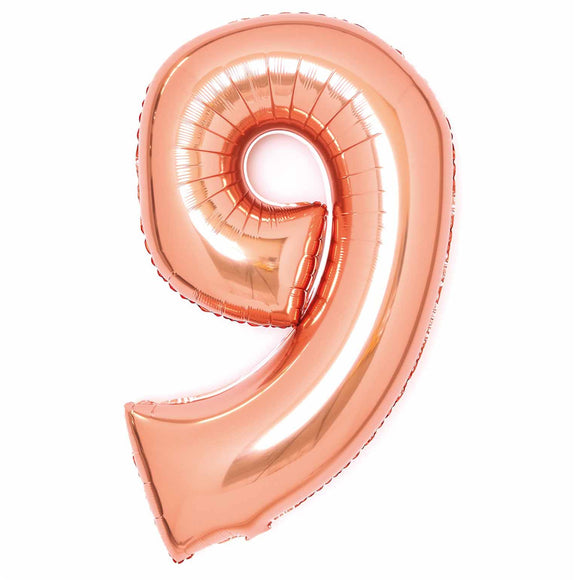 COLLECTION ONLY - Amscan Large Rose Gold Number 9 Super Shape Foil Balloon Filled with Helium & Dressed with Ribbon & Weight