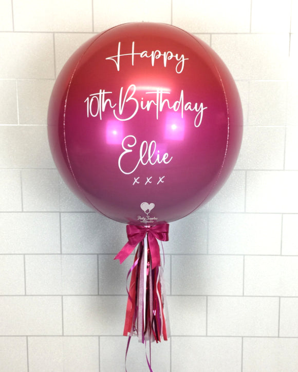 COLLECTION ONLY - Pink Ombre Orbz Balloon, Personalised with a White Message Dressed with Tassel, Bow & Weight