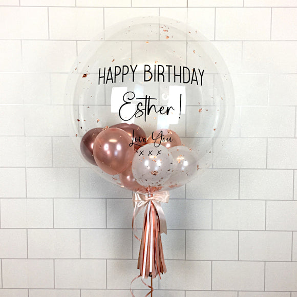 COLLECTION ONLY - Clear Bubble - 2 Shades of Rose Gold, White Balloons - Rose Gold Leaf - Black Message