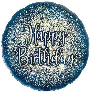 COLLECTION ONLY -  1 Happy Birthday Navy Glitter Standard Foil Balloon Filled with Helium & Dressed with Ribbon & Weight