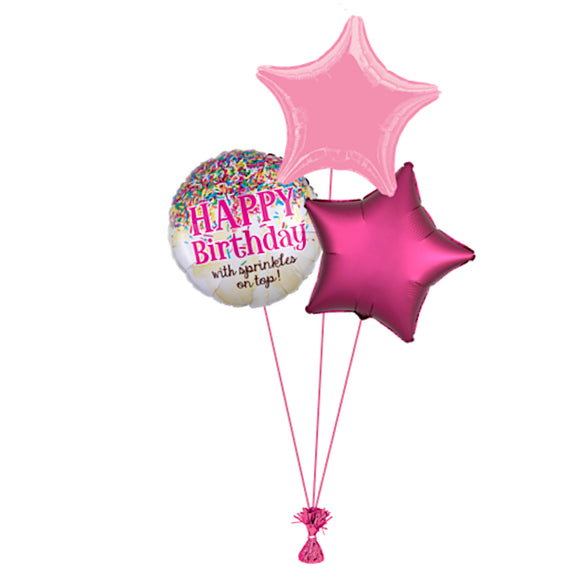 COLLECTION ONLY - Happy Birthday with sprinkles on Top 3 Foil Balloon Bouquet Filled with Helium & Dressed with Ribbon & Weight