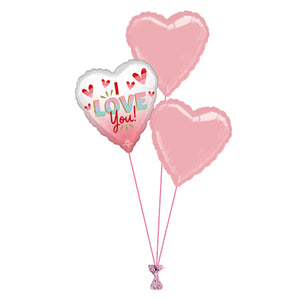 COLLECTION ONLY - I  Love You  3 Foil Balloon Bouquet Filled with Helium & Dressed with Ribbon & Weight