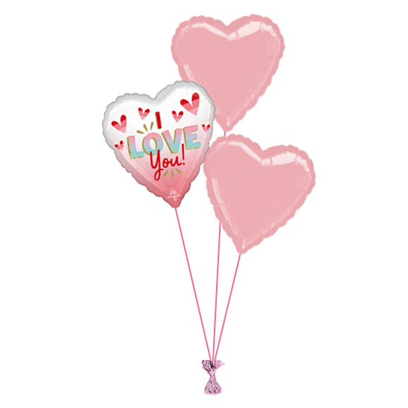 COLLECTION ONLY - I  Love You  3 Foil Balloon Bouquet Filled with Helium & Dressed with Ribbon & Weight