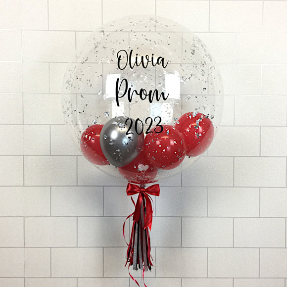 COLLECTION ONLY - Clear Bubble - Red & Silver Balloons - Silver Leaf - Black Message