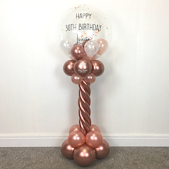 COLLECTION ONLY - Rose Gold Twisted Tower Topped with a Clear Bubble filled with Balloons & Rose Gold Leaf - Black Message