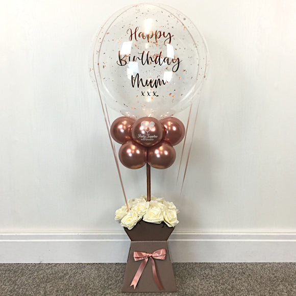 COLLECTION ONLY - Clear Bubble Balloon Filled with Rose Gold Leaf & Rose Gold Personalised Message, Dressed with Cream Handmade Ribbon Roses