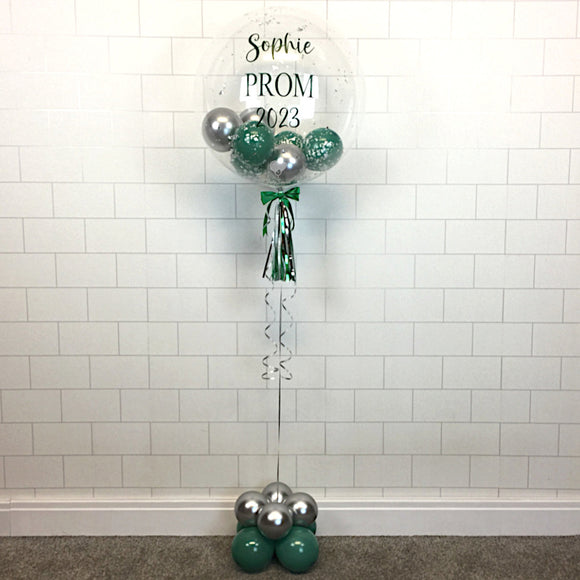 COLLECTION ONLY - Clear Bubble - Green & Silver Balloons - Silver Leaf - Green Message & Balloon Base