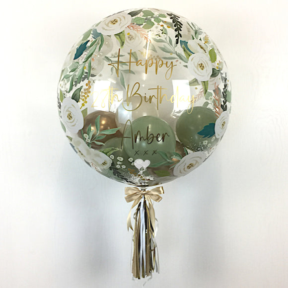 COLLECTION ONLY - Floral Print Bubble - Green, Cream & Gold Balloons - Gold Message