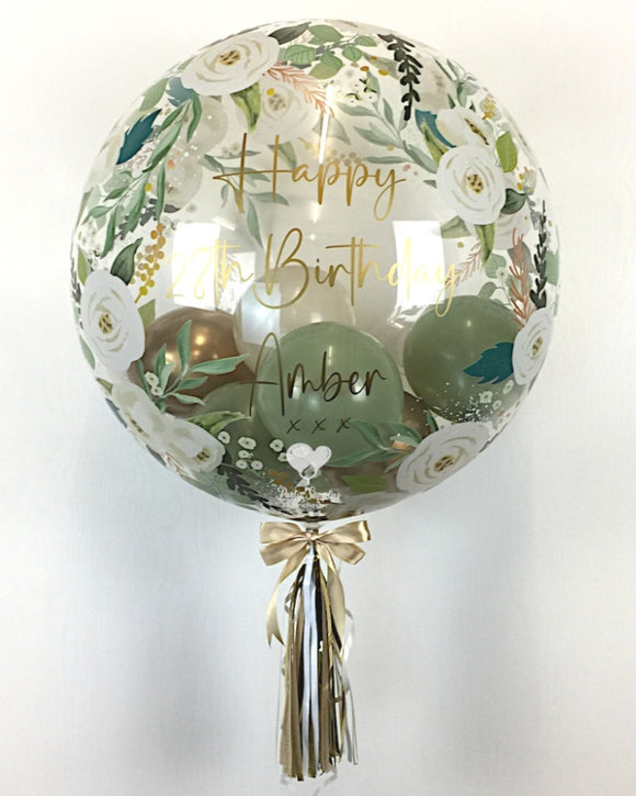 COLLECTION ONLY - Floral Print Bubble - Green, Cream & Gold Balloons - Gold Message