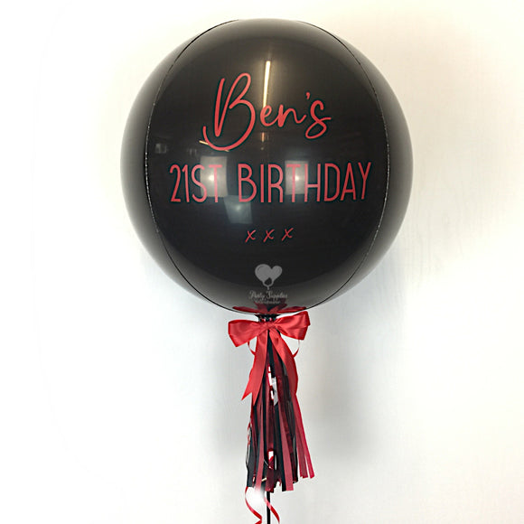COLLECTION ONLY - Black Orbz Balloon, Personalised with a Red Message Dressed with Tassel, Bow & Weight