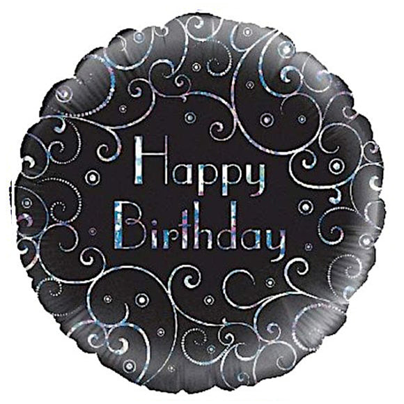 COLLECTION ONLY -  1 Happy Birthday Swirls Standard Foil Balloon Filled with Helium & Dressed with Ribbon & Weight