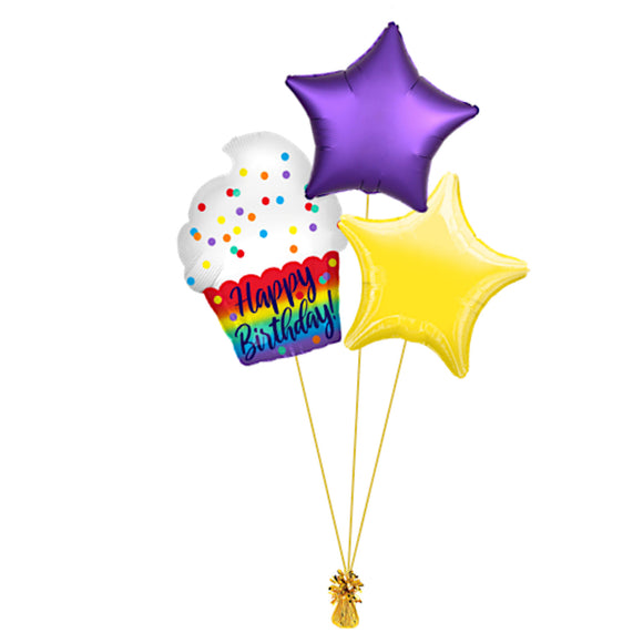 COLLECTION ONLY - Happy Birthday Rainbow Cake 3 Foil Balloon Bouquet Filled with Helium & Dressed with Ribbon & Weight
