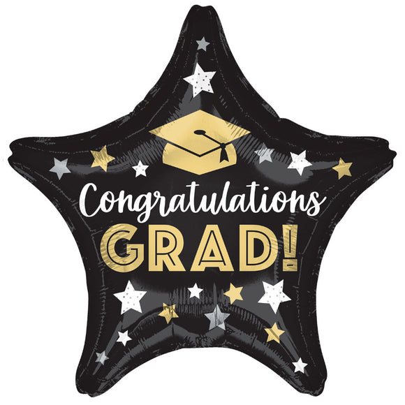 COLLECTION ONLY - 1 Congratulations Grad Stars Standard Black Star Foil Balloon Filled with Helium & Dressed with Ribbon & Weight