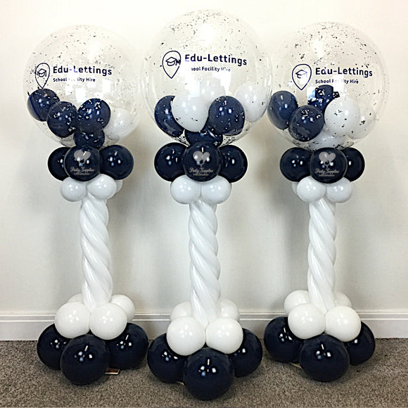 COLLECTION ONLY - 3 Blue & White Twisted Tower Topped with a Clear Bubble filled with Balloons & Silver Leaf  - Blue Logo