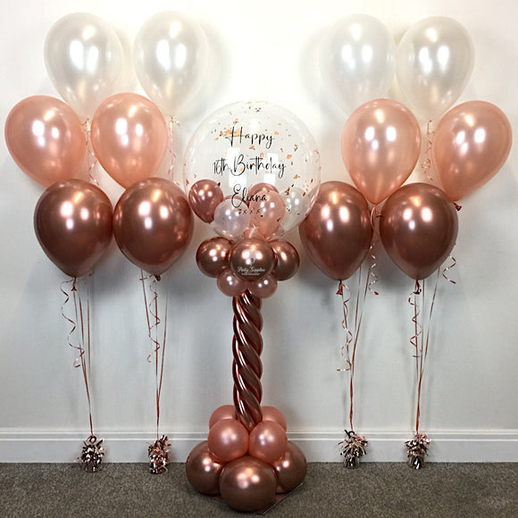 COLLECTION ONLY - Rose Gold Twisted Tower Topped with a Clear Bubble filled with Balloons & Rose Gold Leaf - Black Message + 4 Sets of Clusters