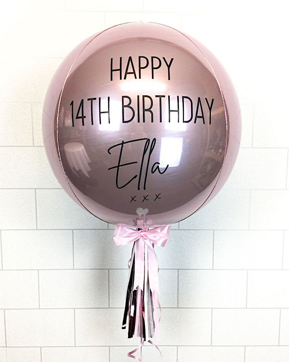COLLECTION ONLY - Pink Orbz Balloon, Personalised with a Black Message Dressed with Tassel, Bow & Weight