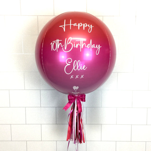 COLLECTION ONLY - Pink Ombre Orbz Balloon, Personalised with a White Message Dressed with Tassel, Bow & Weight
