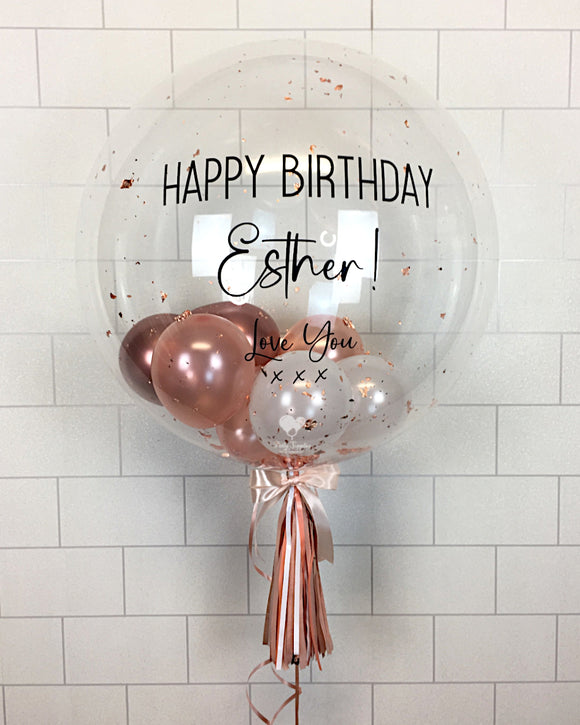 COLLECTION ONLY - Clear Bubble - 2 Shades of Rose Gold, White Balloons - Rose Gold Leaf - Black Message
