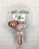 COLLECTION ONLY - Clear Bubble - 2 Shades of Rose Gold, White Balloons - Rose Gold Leaf - Black Message