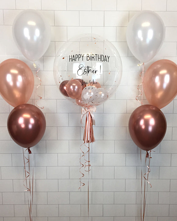 COLLECTION ONLY - Clear Bubble - 2 Shades of Rose Gold, White Balloons - Rose Gold Leaf - Black Message & 2 Clusters