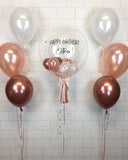COLLECTION ONLY - Clear Bubble - 2 Shades of Rose Gold, White Balloons - Rose Gold Leaf - Black Message & 2 Clusters