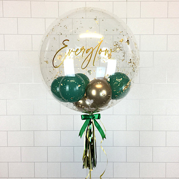 COLLECTION ONLY - Clear Bubble - Green & Gold Balloons - Gold Leaf - Gold Logo